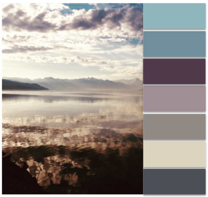 Camaieu de couleurs, inspirées du reflet de l'aube sur le lac.